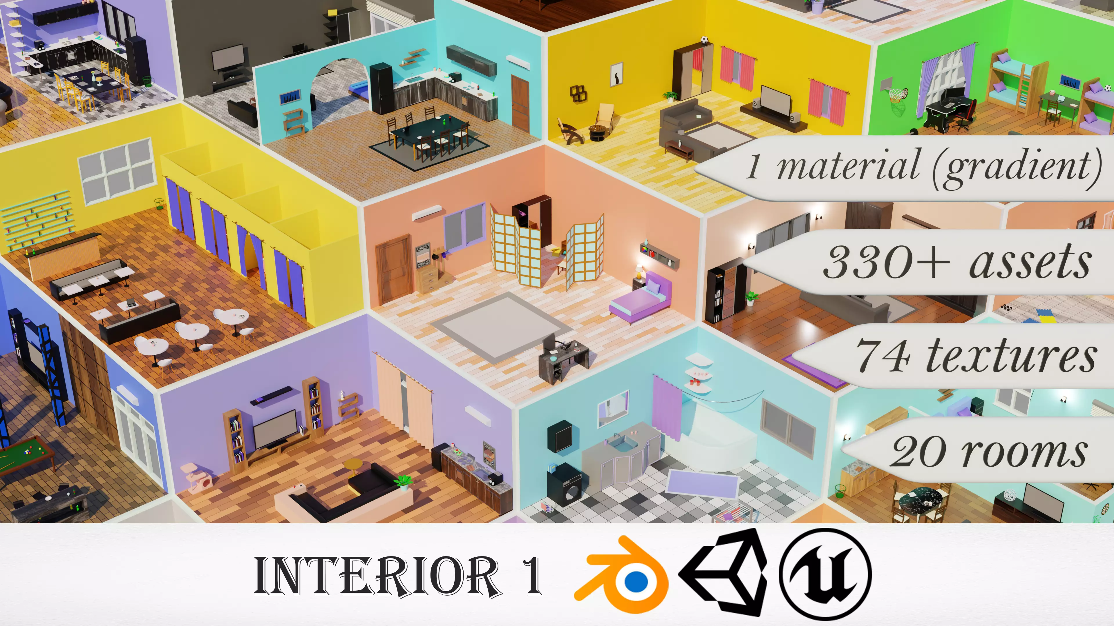 Home Interior Rooms with furniture Furniture pack Low-poly 3D model_0