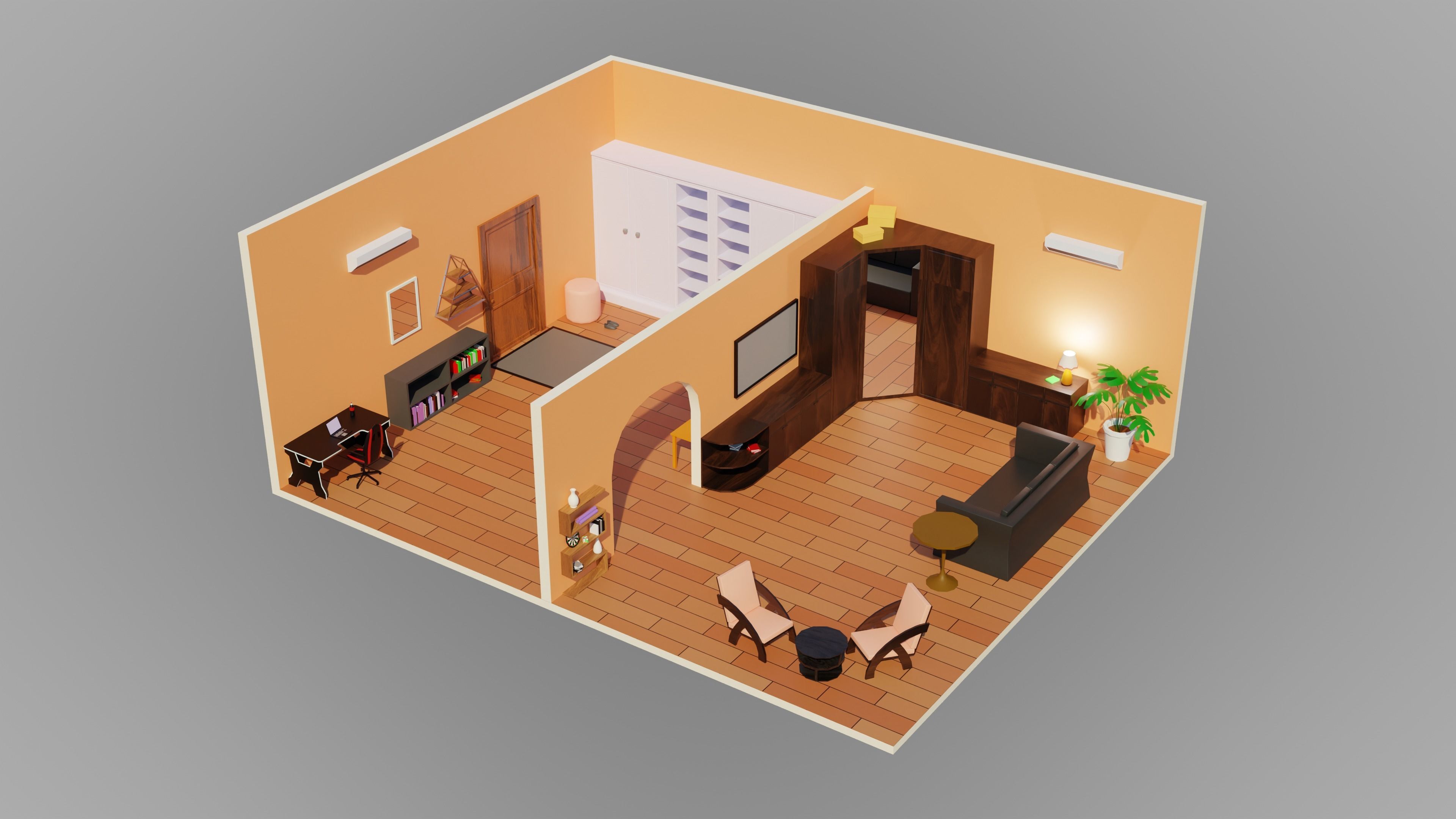 Home Interior Rooms with furniture Furniture pack Low-poly 3D model_7