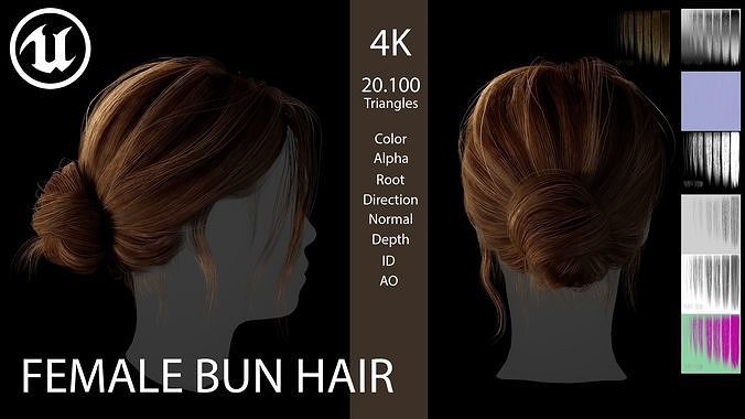 Game ready female bun hairstyle real time hair Low-poly 3D model