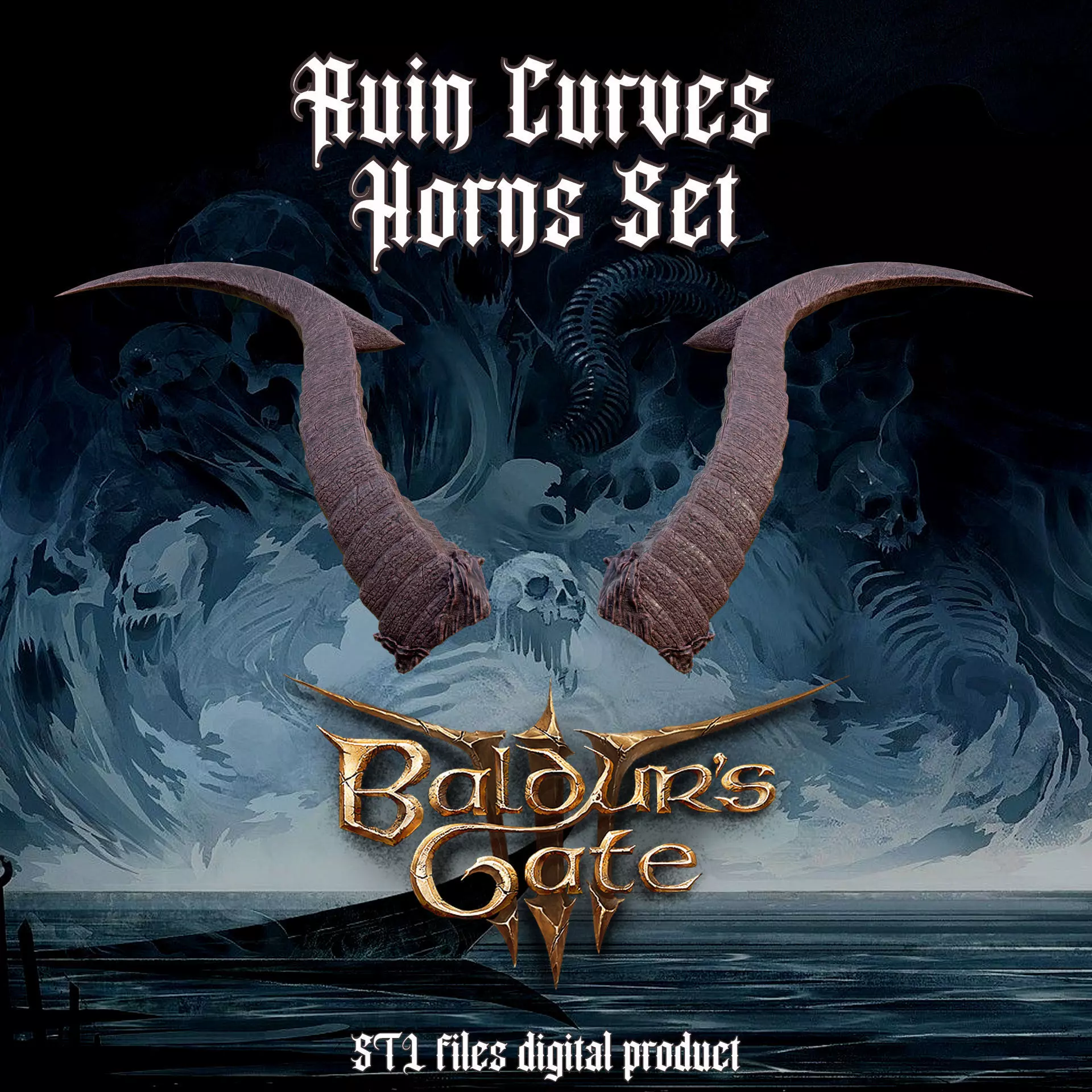Fantasy Ruin Curves Horns Set Baldurs Gate 3 3D print model_0