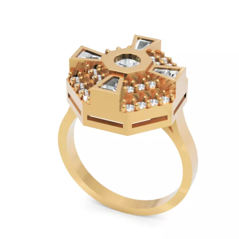 hexagon halo ring with round and baguette accents modern design 3D print model