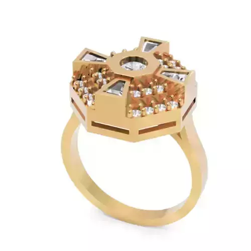 hexagon halo ring with round and baguette accents modern design