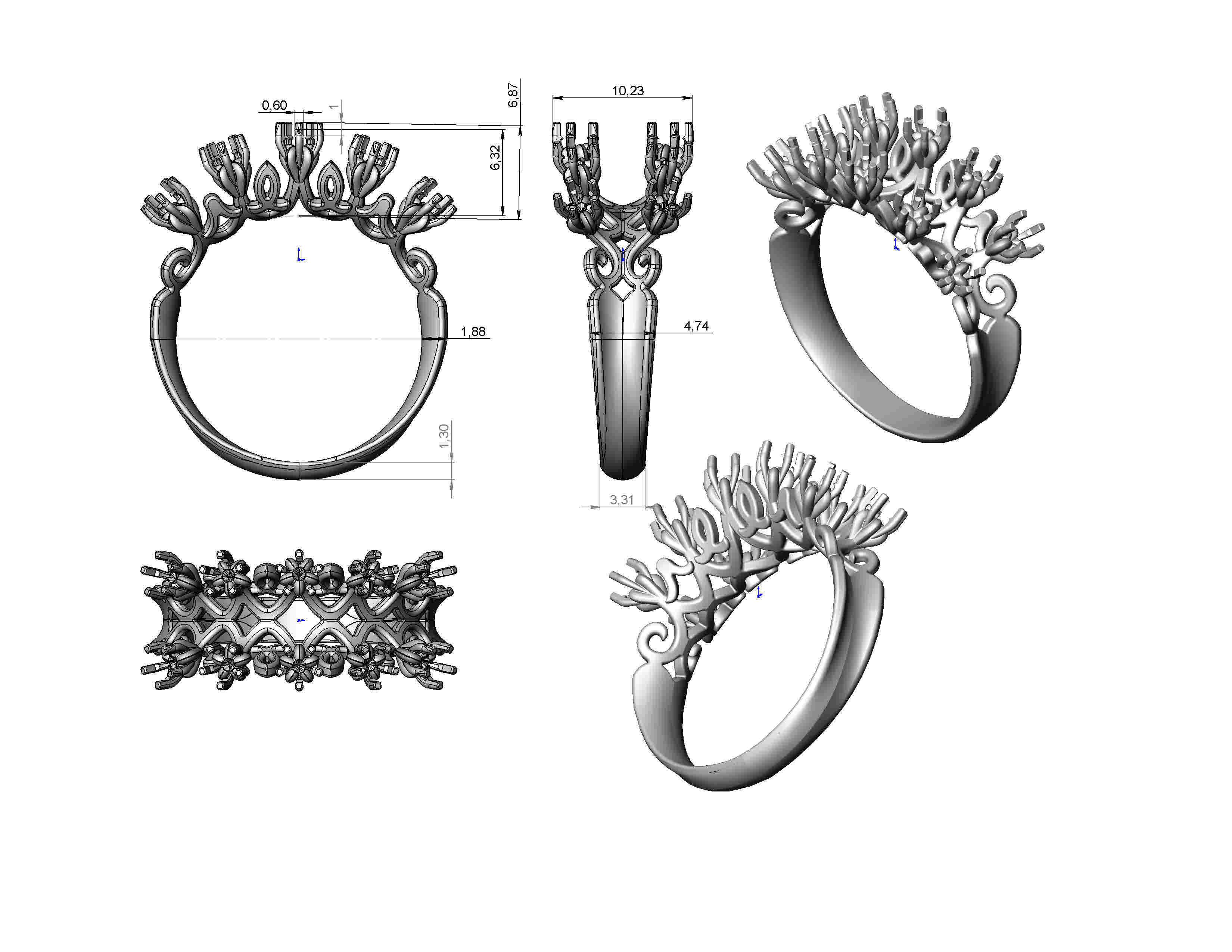 Ring gold tiara with diamonds 3D print model_14