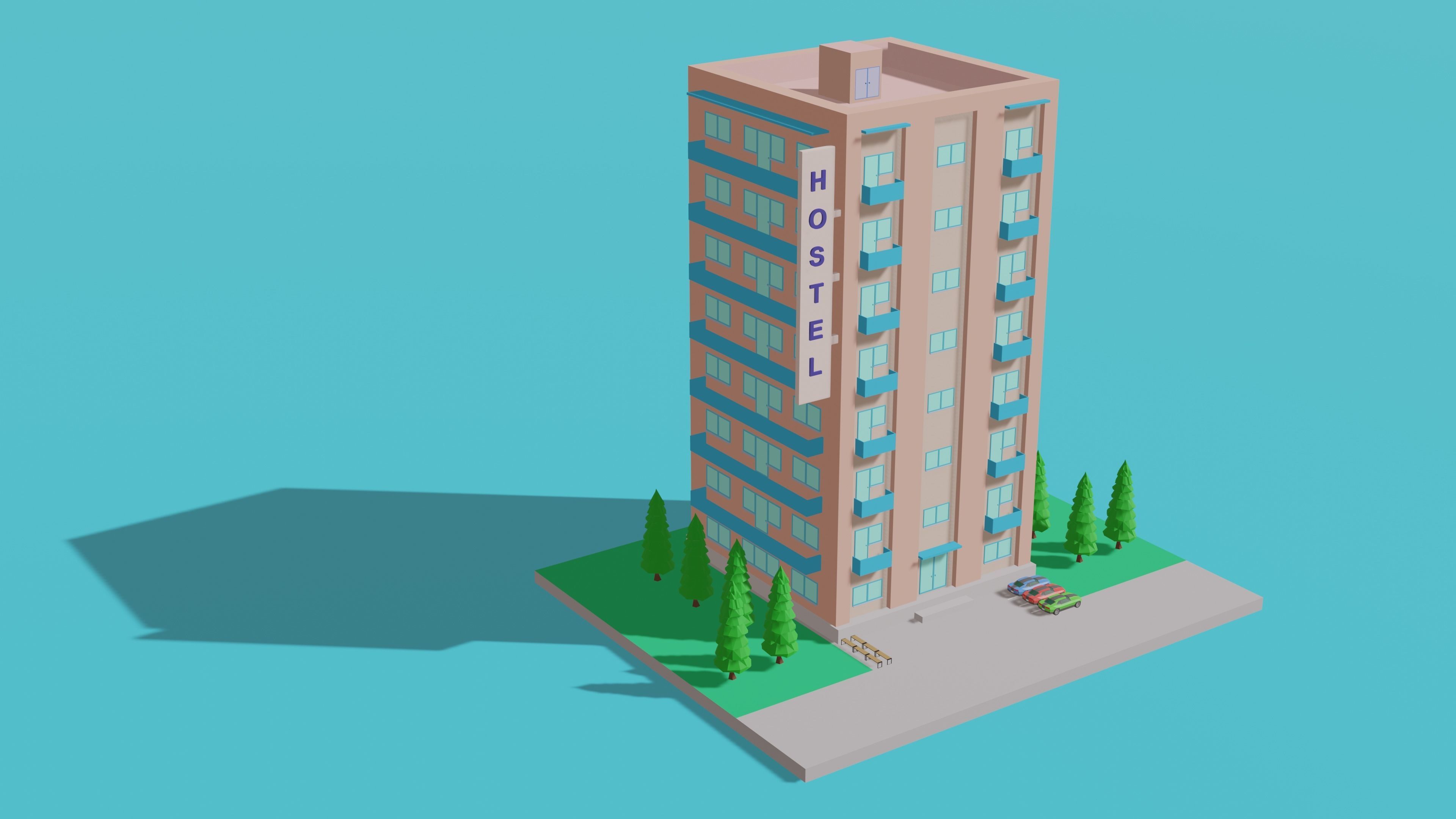 Low Poly Hostel Low-poly 3D model_4