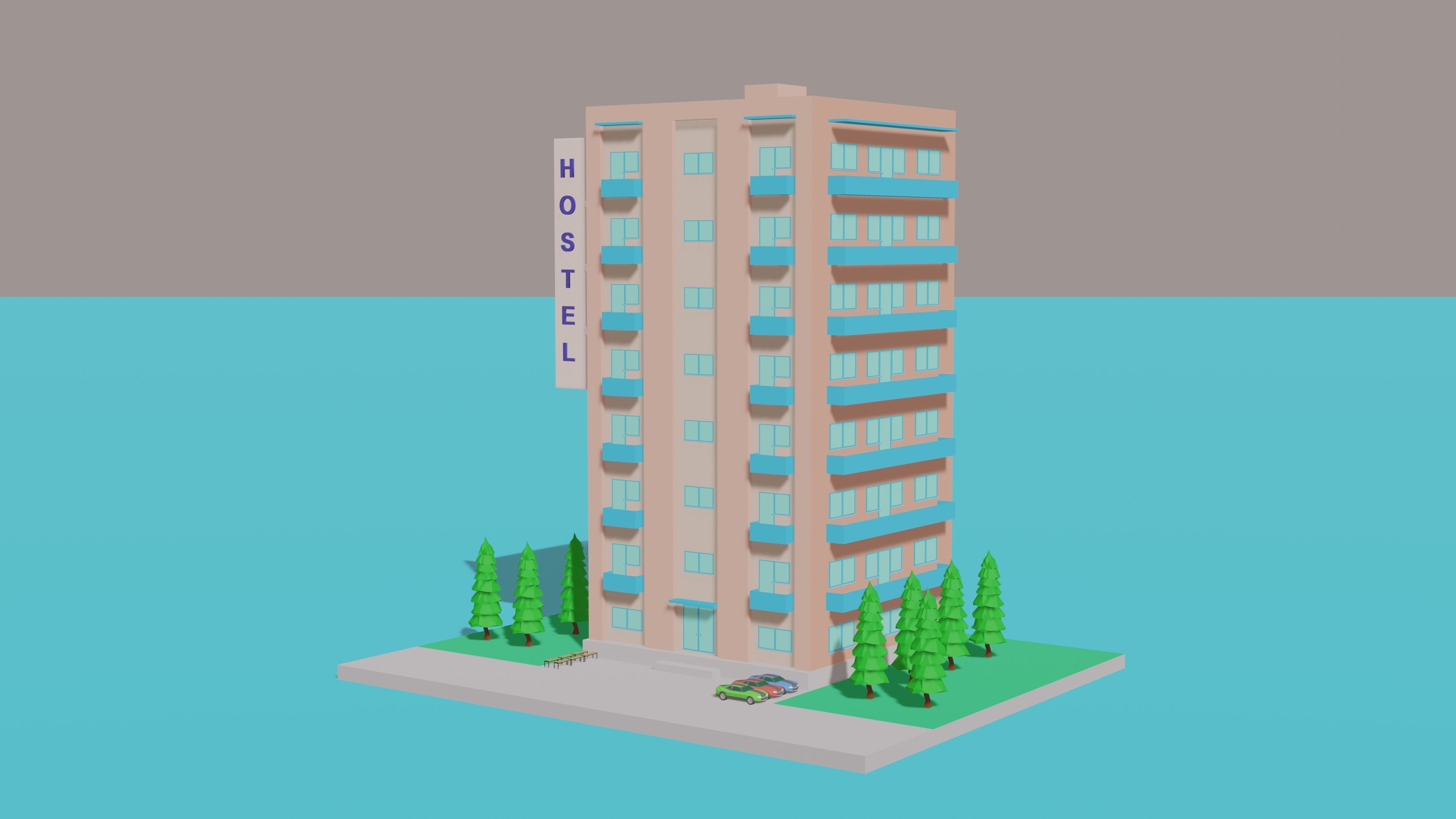 Low Poly Hostel Low-poly 3D model_3