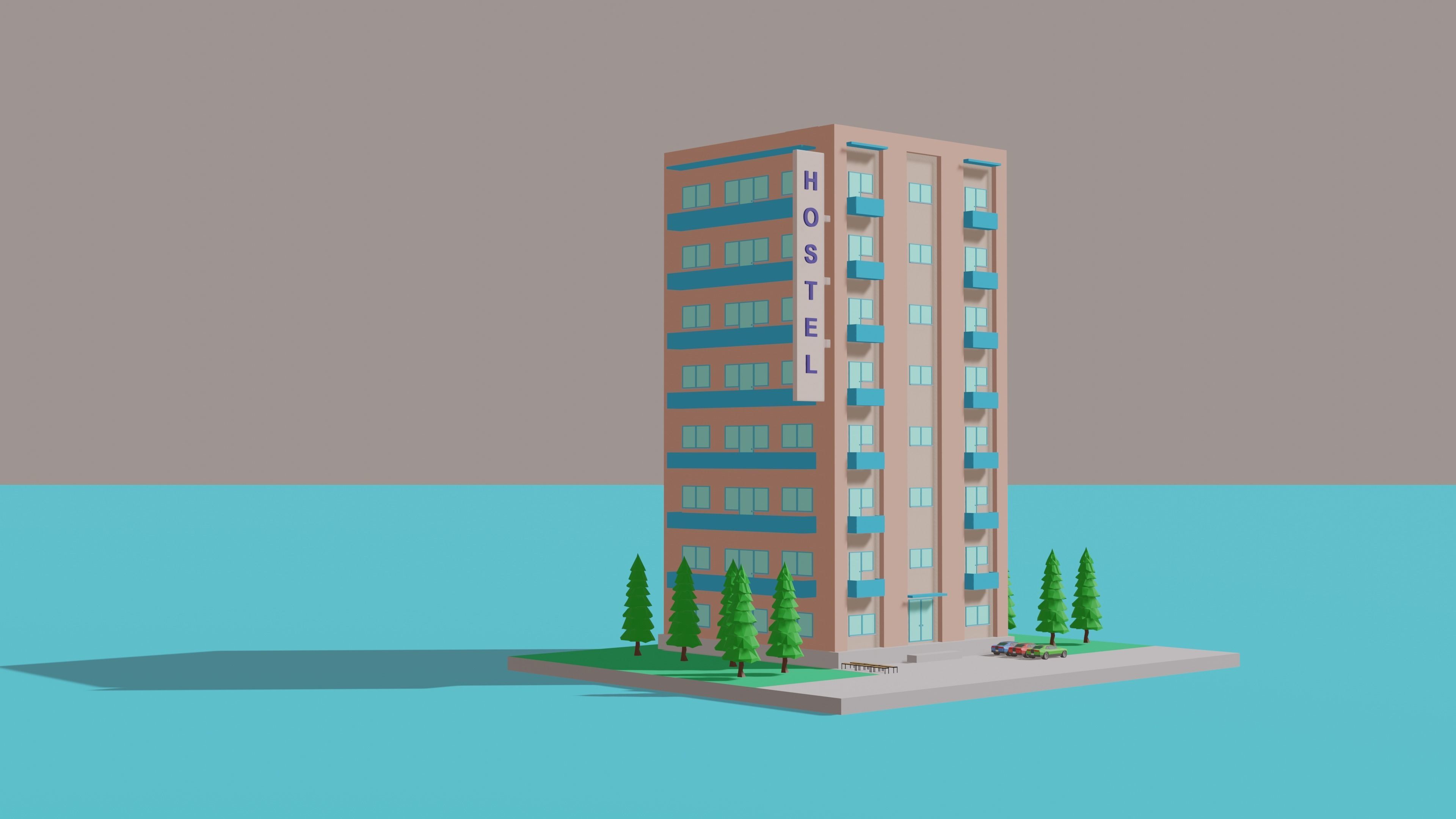 Low Poly Hostel Low-poly 3D model_2