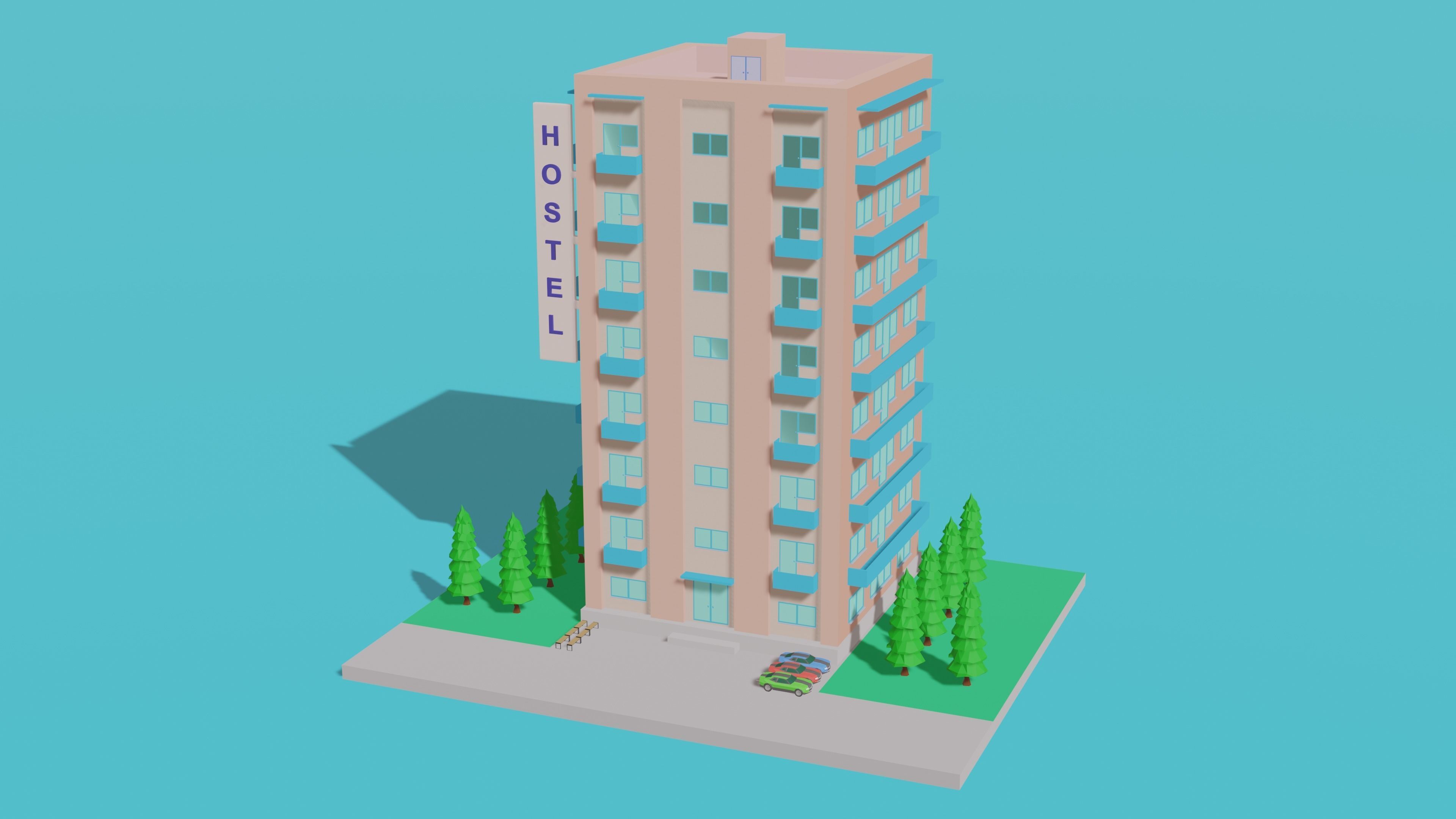 Low Poly Hostel Low-poly 3D model_5
