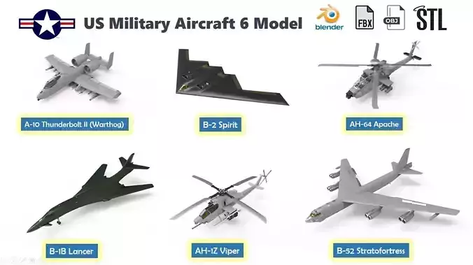 US Military Aircraft 6 list  3d model Low-poly 3D model