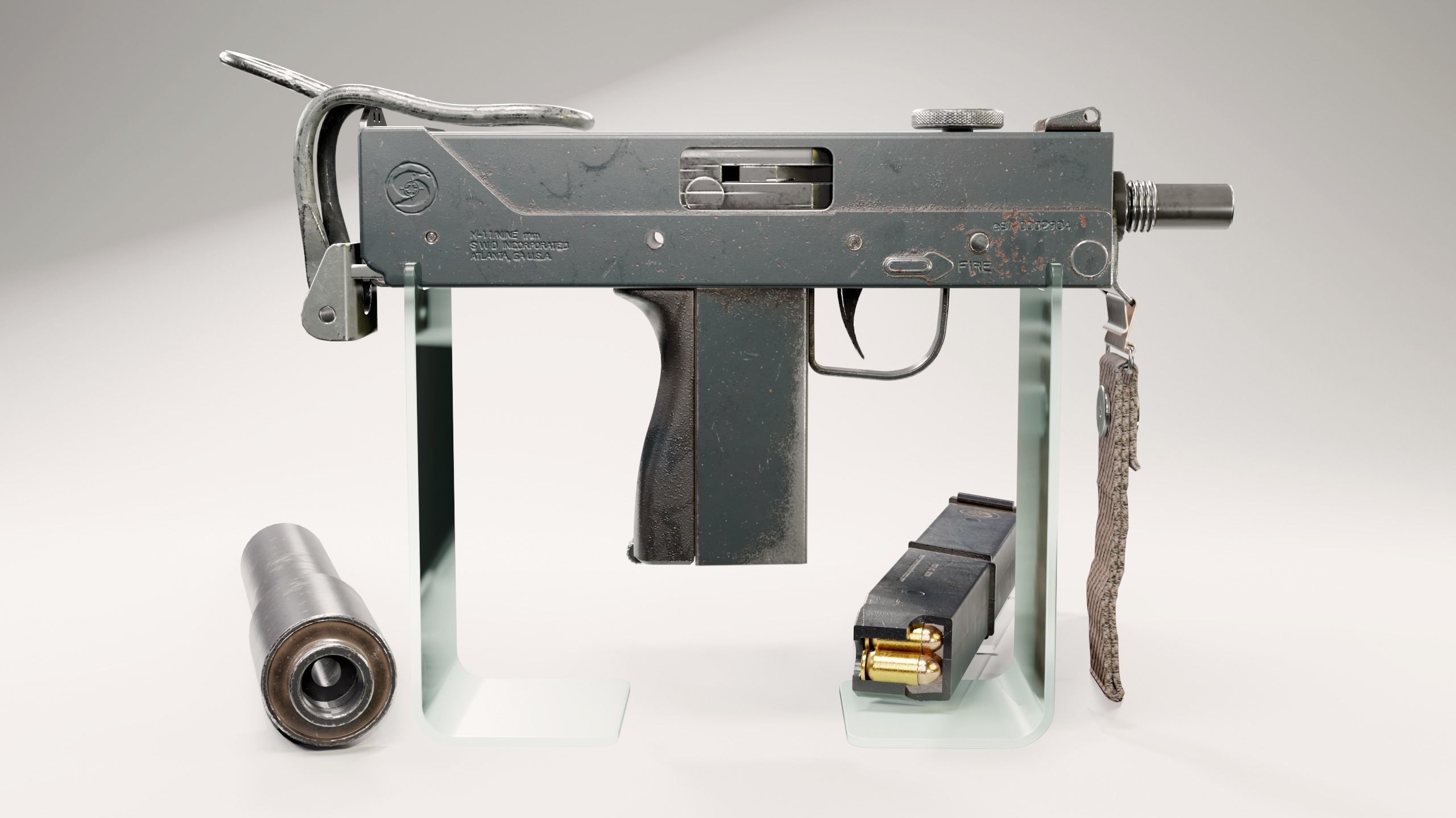 3D model Ingram MAC-11 with plastic magazine and supressor VR / AR