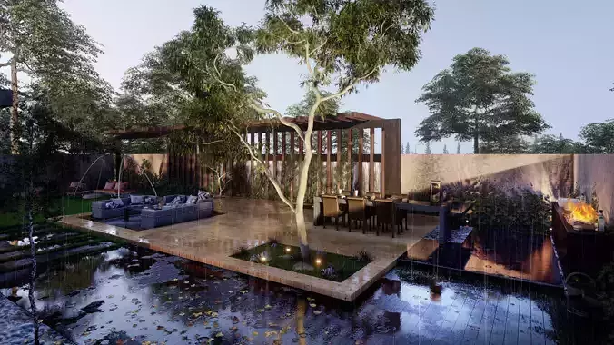 Villa backyard American style house landscape Revit Lumion FBX 3D model