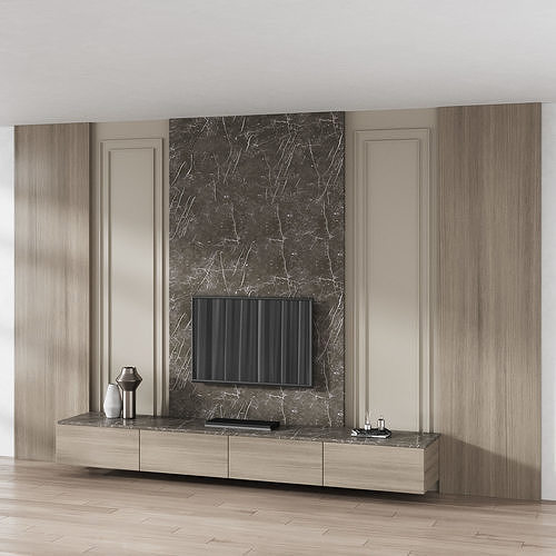 TV Wall Stone and Wood 3D model