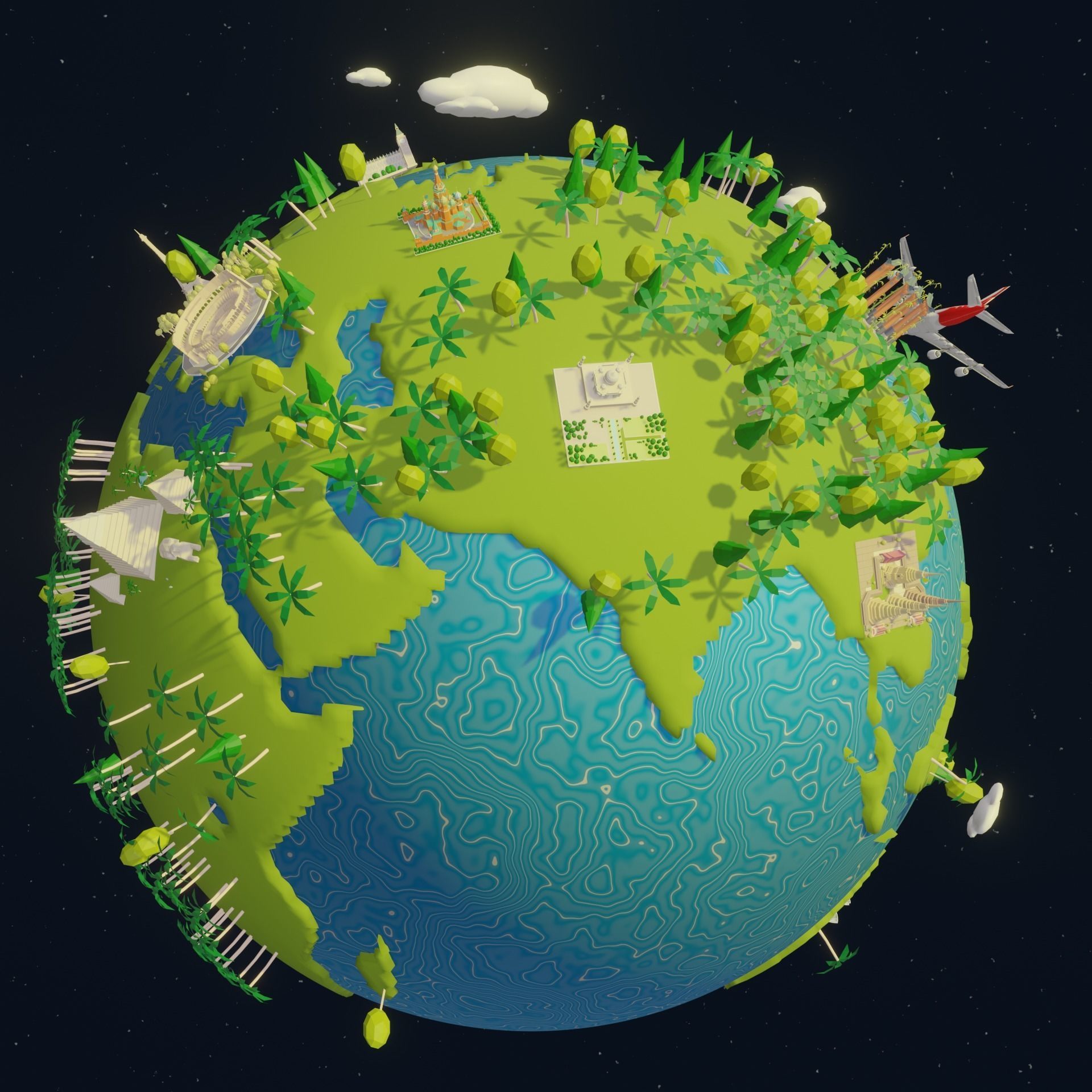 Low-poly Earth Globe with Monument buildings Low-poly 3D model_4