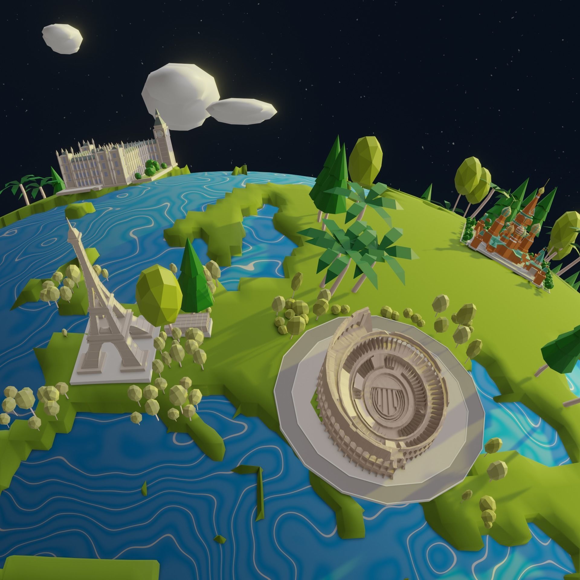 Low-poly Earth Globe with Monument buildings Low-poly 3D model_1