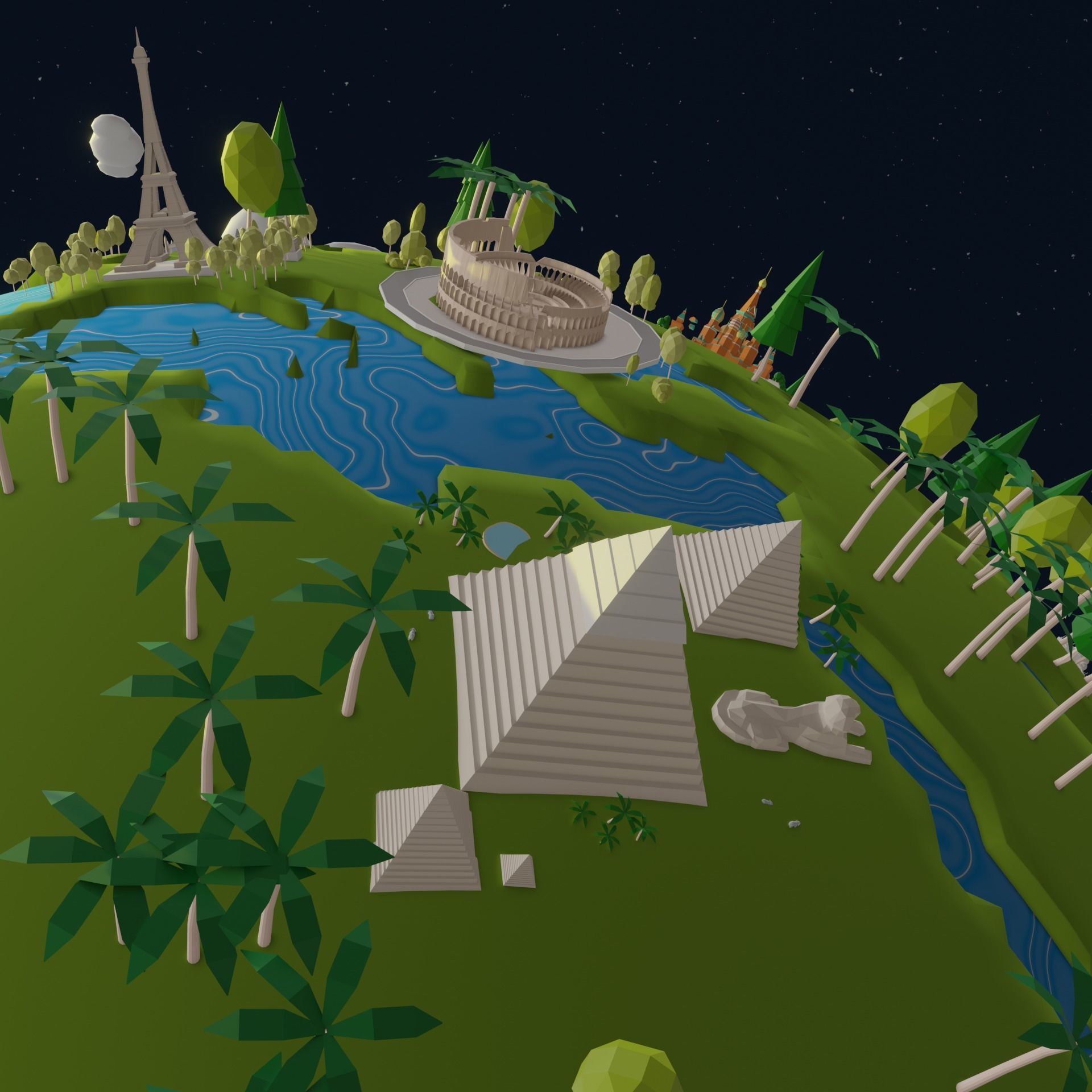 Low-poly Earth Globe with Monument buildings Low-poly 3D model_2