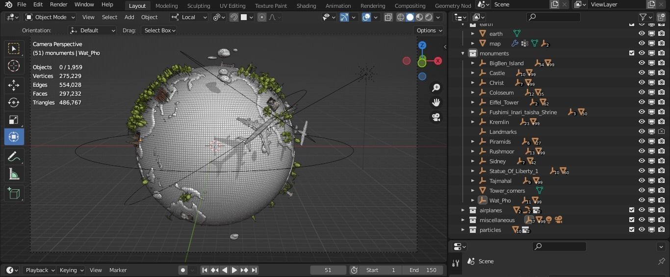 Low-poly Earth Globe with Monument buildings Low-poly 3D model_9