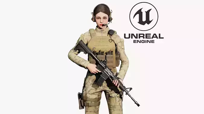 Female Soldier UE4 Low-poly 3D model Female Soldier UE4 Low-poly 3D model