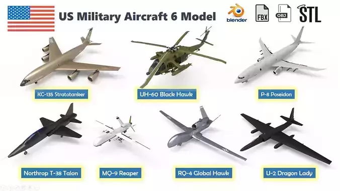 US Military Aircraft 7 list 3d model  Low-poly 3D model