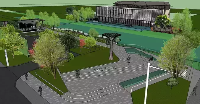Modern Park with Office along parking sketchup model