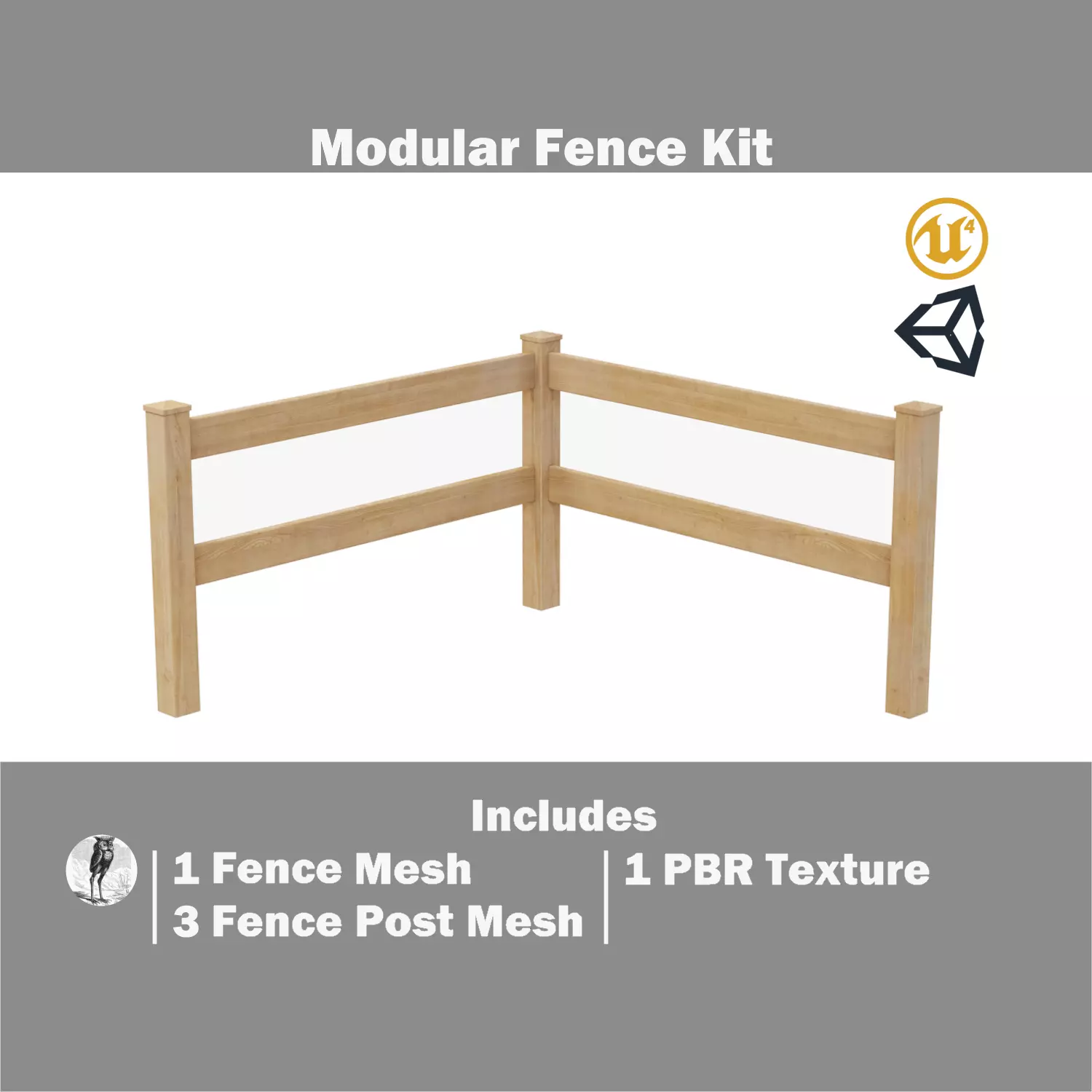 Modular Fence Kit Pack - 2-Rail Estate Fence Low-poly 3D model