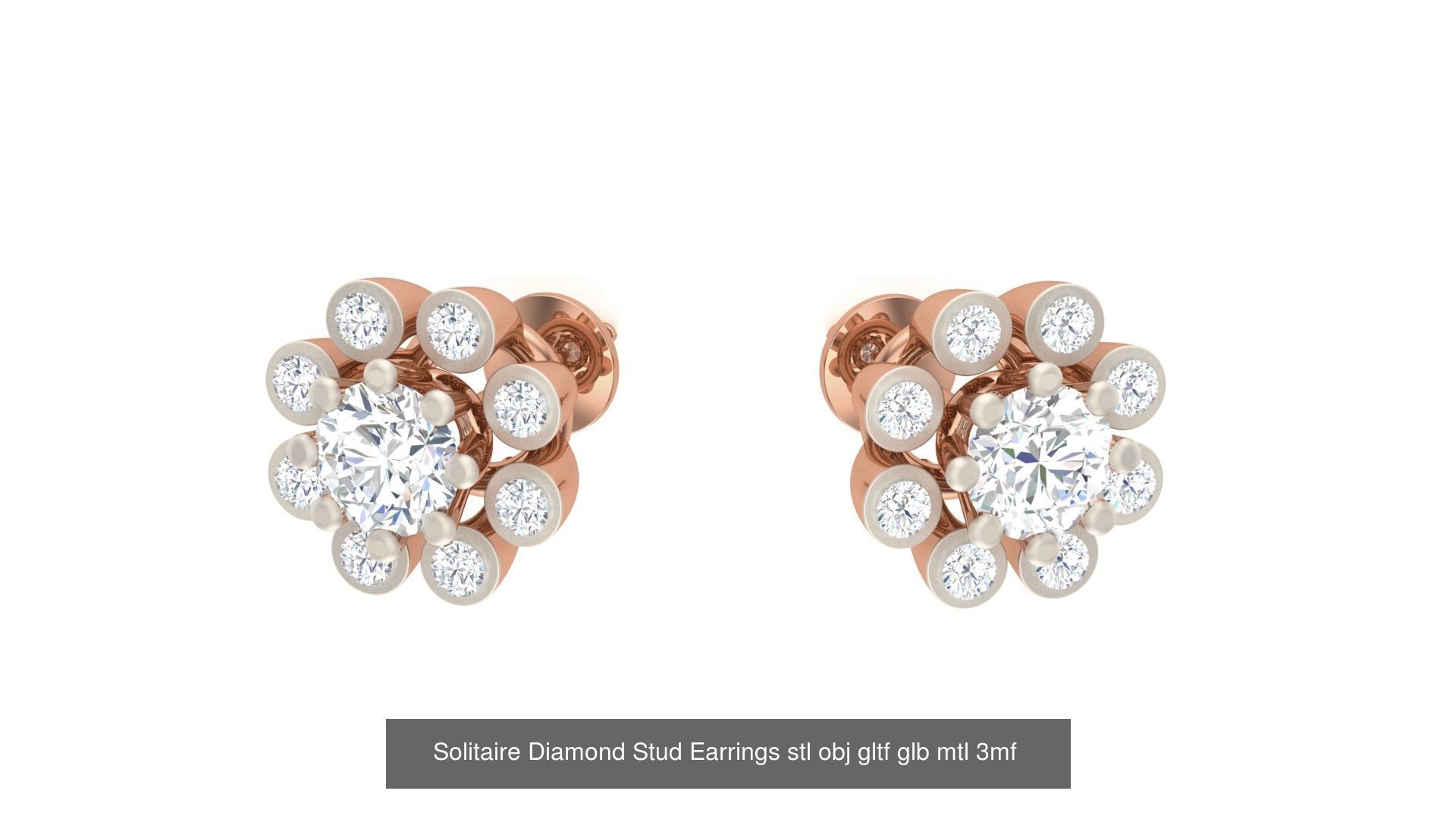 10 Solitaire Diamond Stud Earrings stl obj gltf glb mtl 3mf 3D Model Collection_4