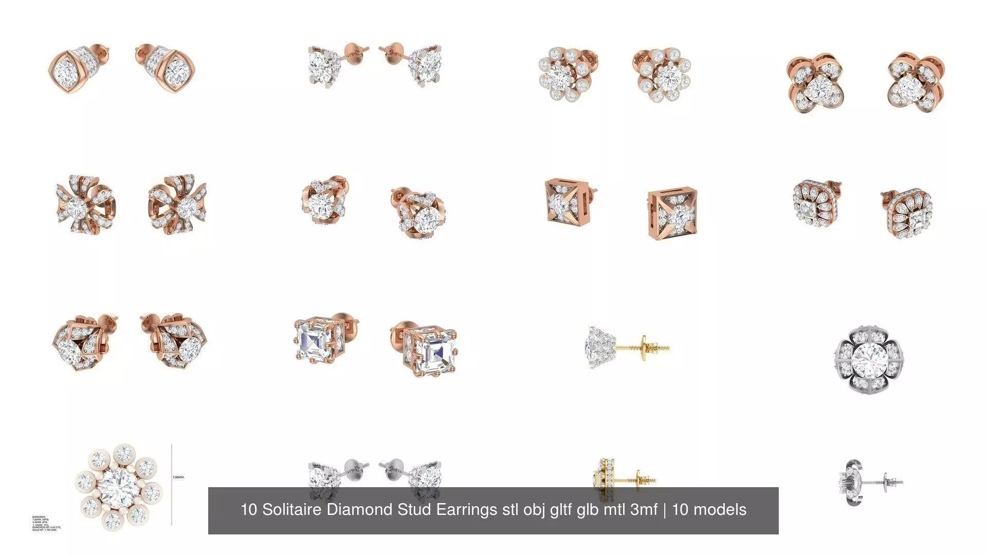 10 Solitaire Diamond Stud Earrings stl obj gltf glb mtl 3mf 3D Model Collection_1