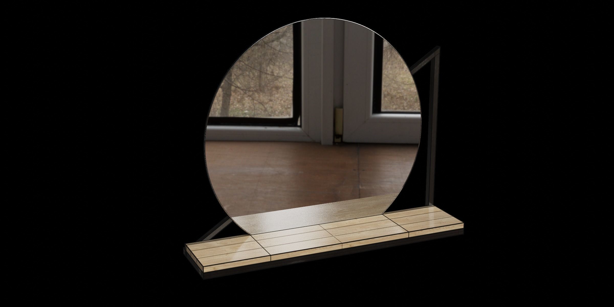 Black Metal And Wood Wall Mounted Mirror With Shelf 3D model_3