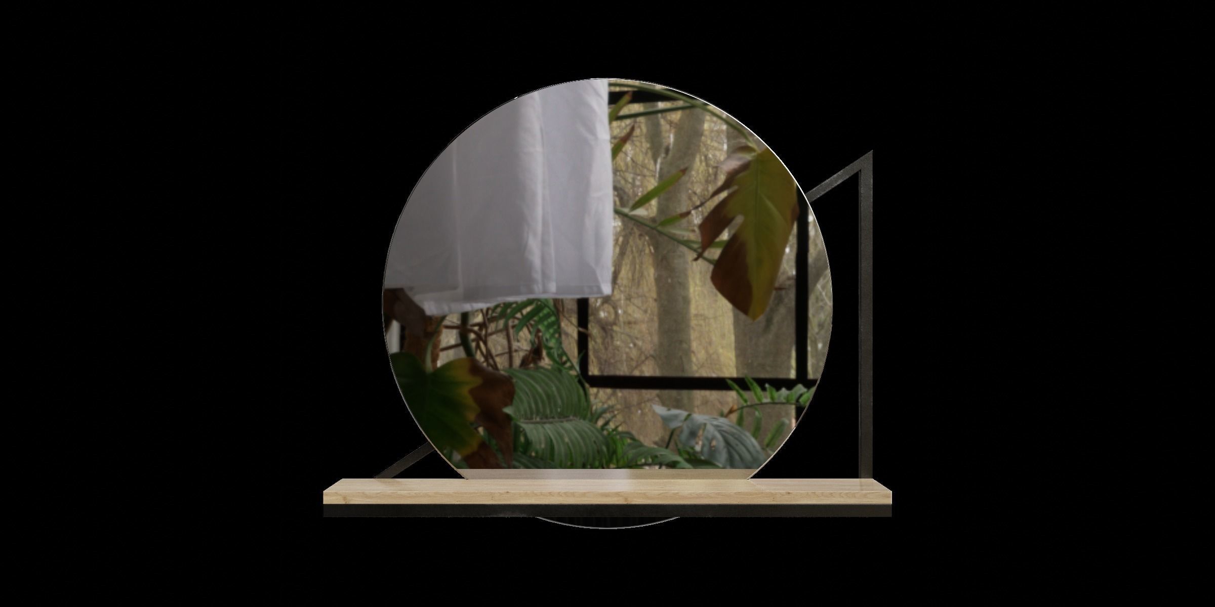 Black Metal And Wood Wall Mounted Mirror With Shelf 3D model_4