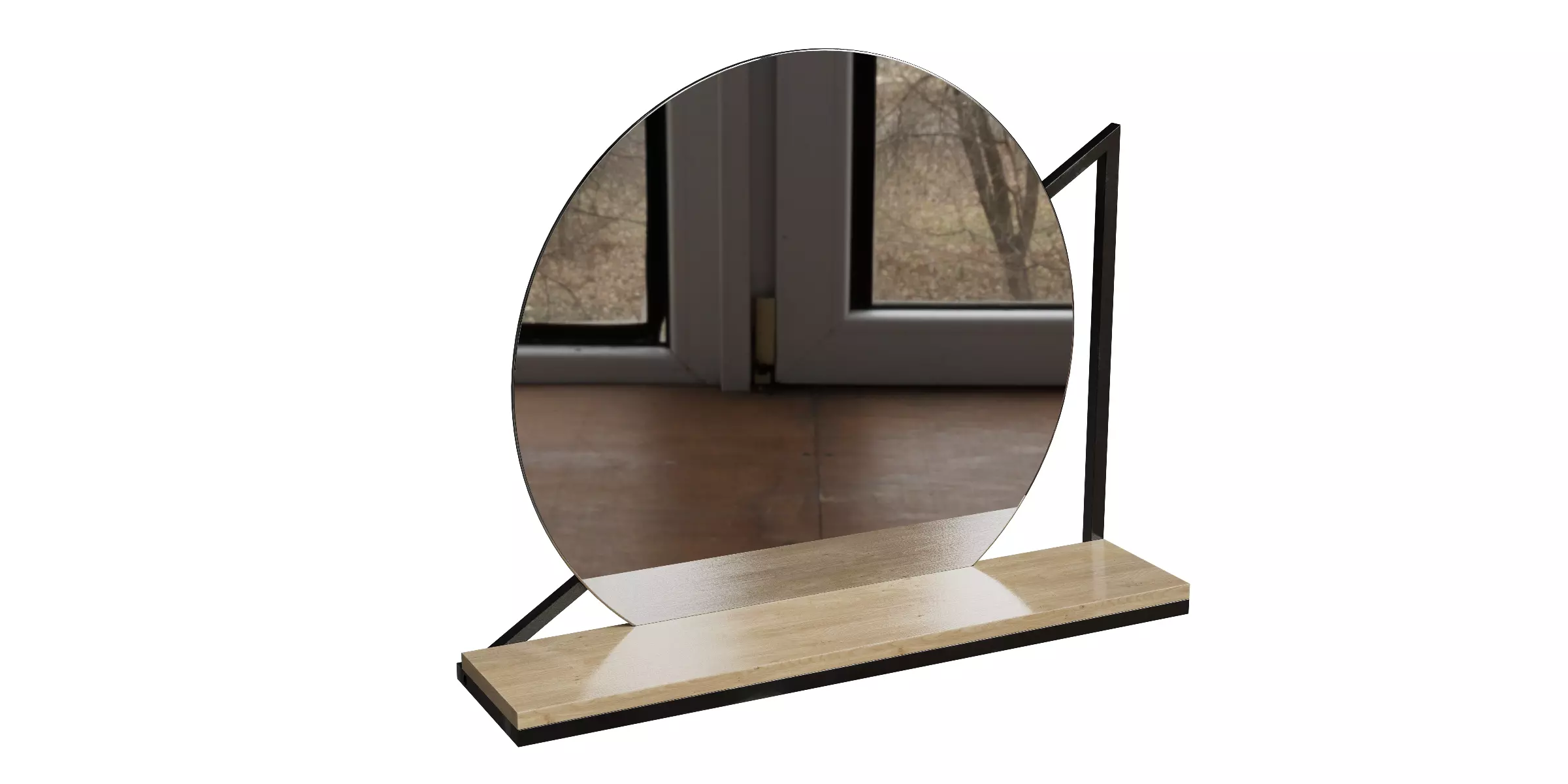 Black Metal And Wood Wall Mounted Mirror With Shelf 3D model_0