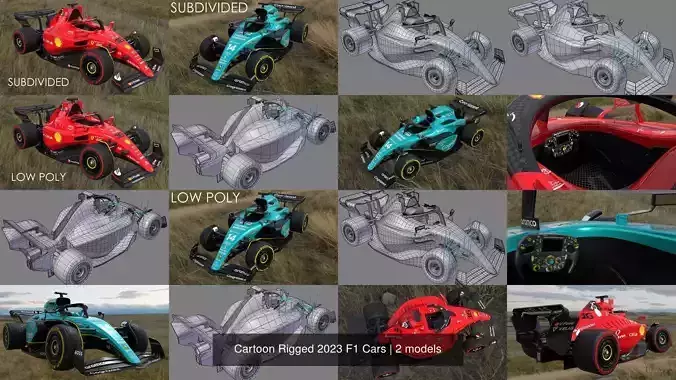 Cartoon Rigged 2023 F1 Cars 3D Model Collection