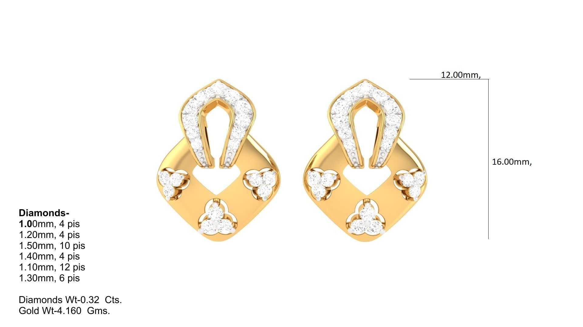 Women Diamond Studs Earrings obj stl 3dmf renders details 3D print model_5