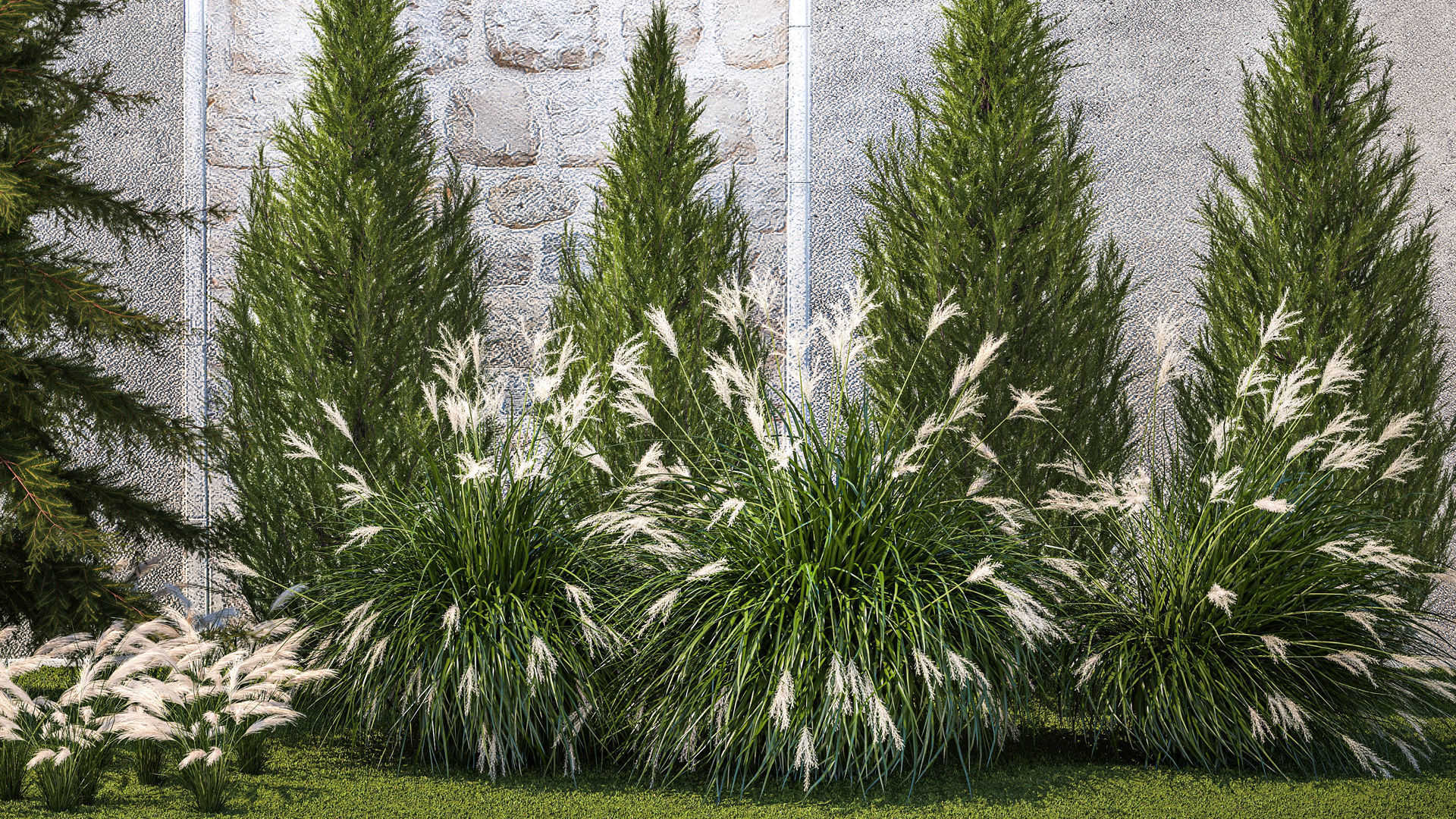 garden trees thuja cypress spruce pine miscanthus 1387 3D model_2