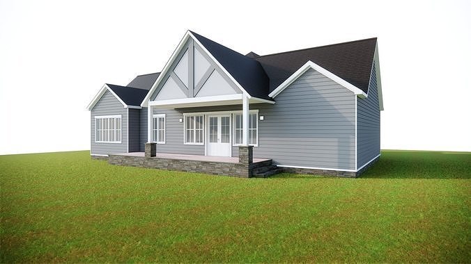 American Classic Porch House  Suburban Residential Home Low-poly 3D model 6