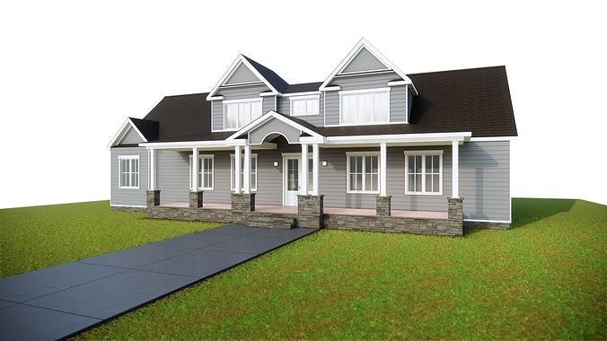 American Classic Porch House  Suburban Residential Home Low-poly 3D model 2