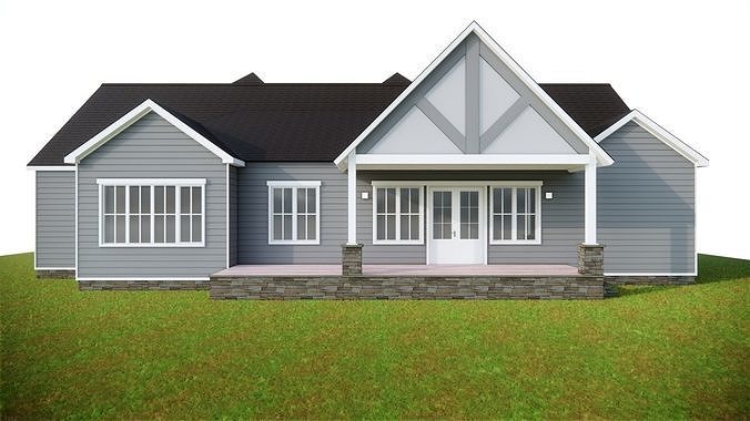 American Classic Porch House  Suburban Residential Home Low-poly 3D model 7
