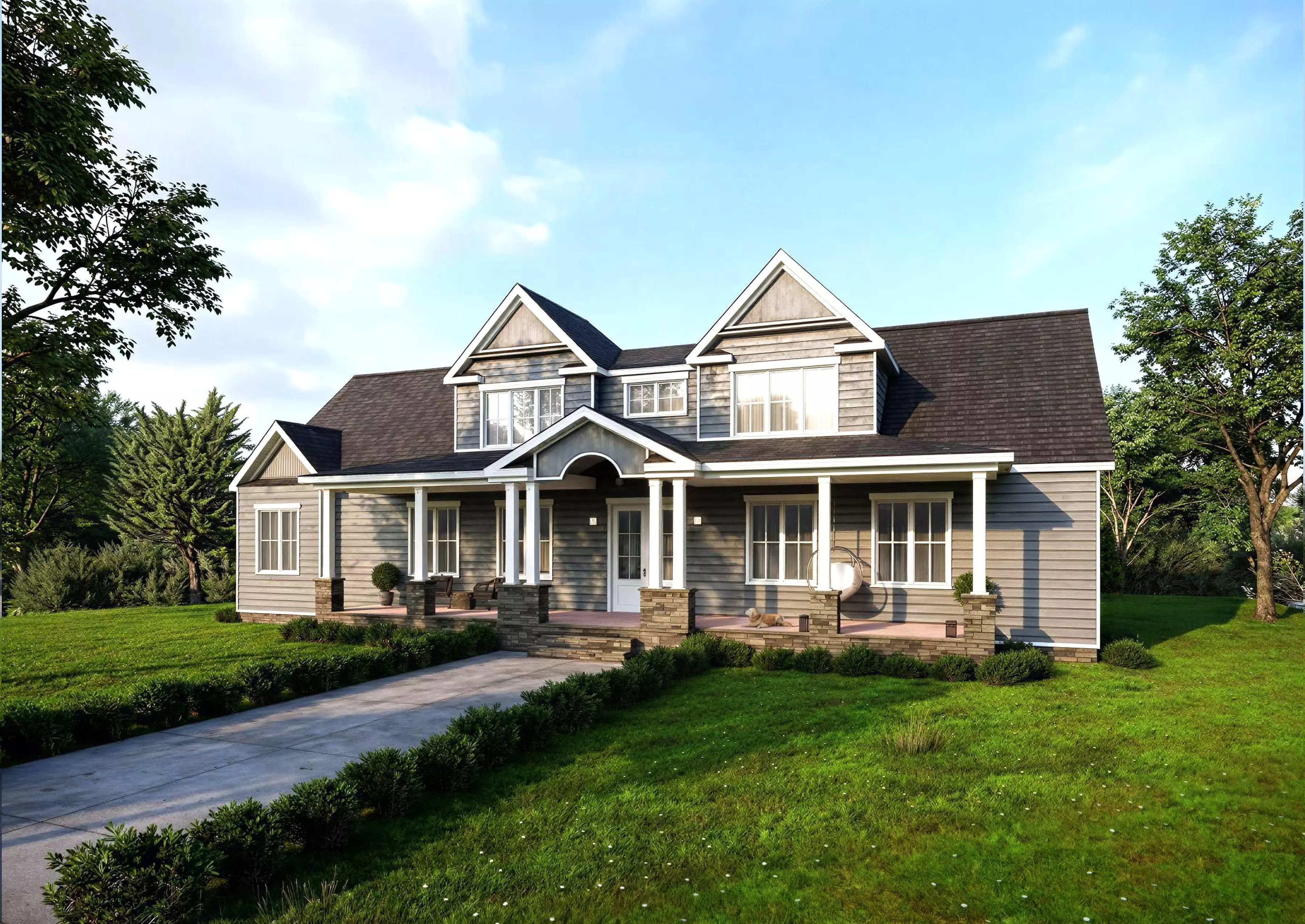 American Classic Porch House Suburban Residential Home Low-poly 3D model
