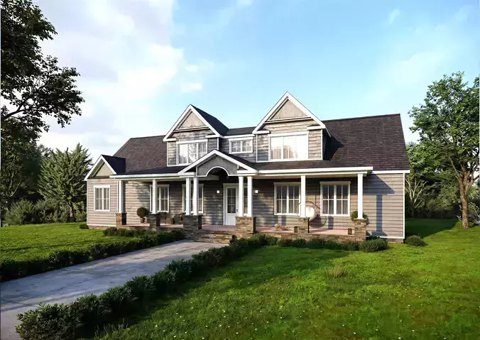 American Classic Porch House Suburban Residential Home Low-poly 3D model