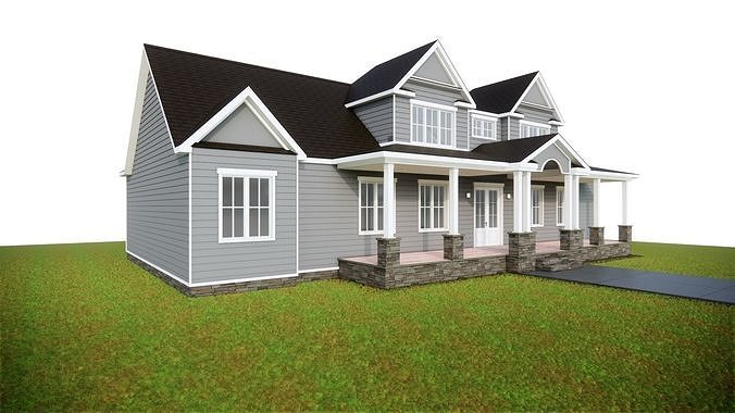 American Classic Porch House  Suburban Residential Home Low-poly 3D model 5