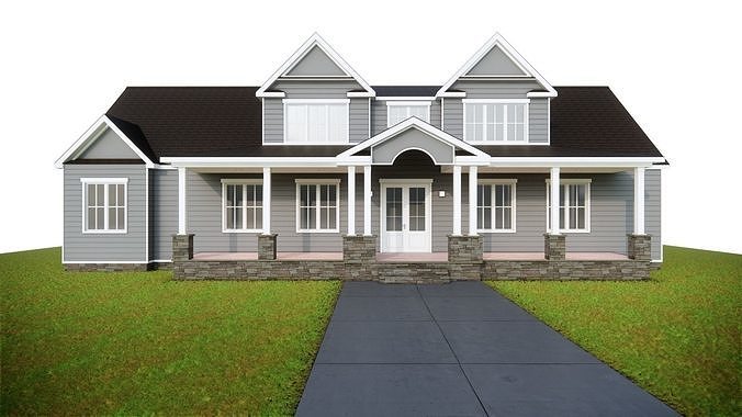 American Classic Porch House  Suburban Residential Home Low-poly 3D model 4