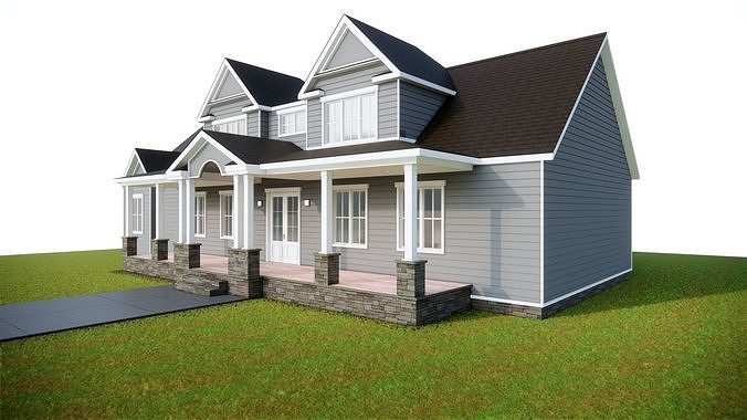 American Classic Porch House  Suburban Residential Home Low-poly 3D model 3