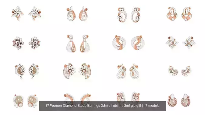 17 Women Diamond Studs Earrings 3dm stl obj mtl 3mf glb gltf