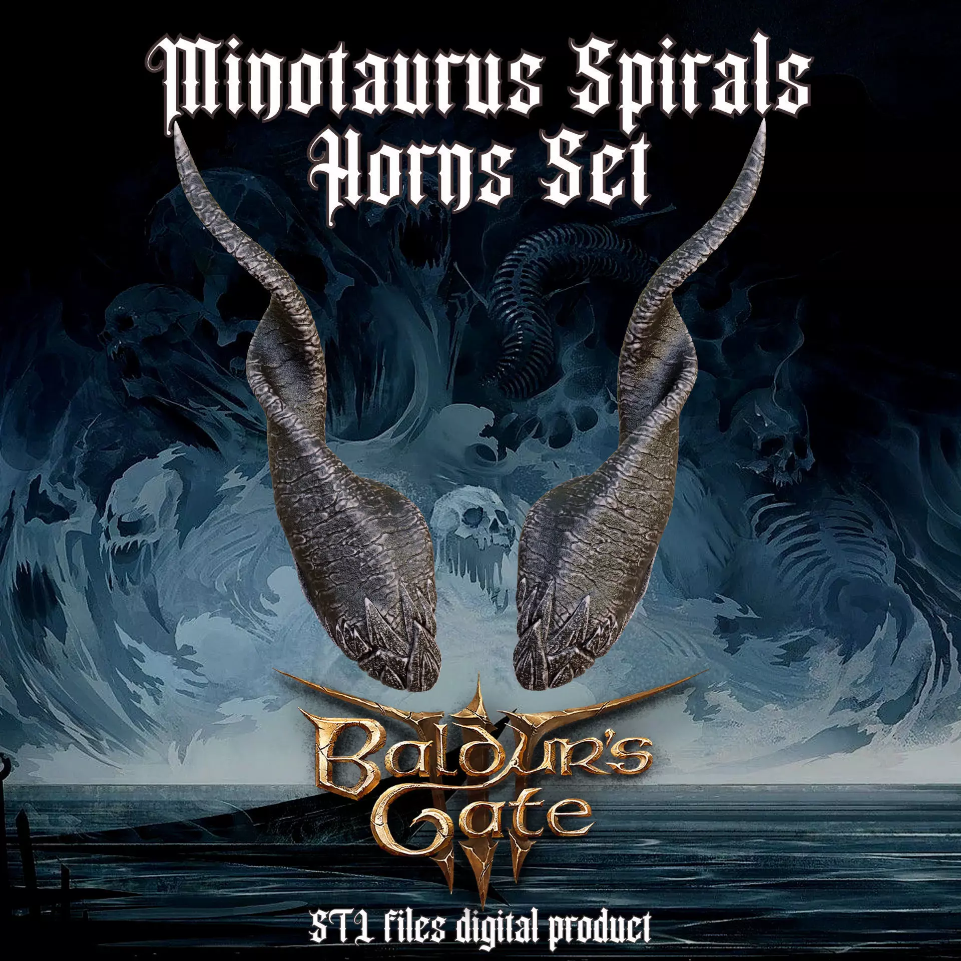 Fantasy Minotaurus Spiral Horns Set Baldurs Gate 3 3D print model_0