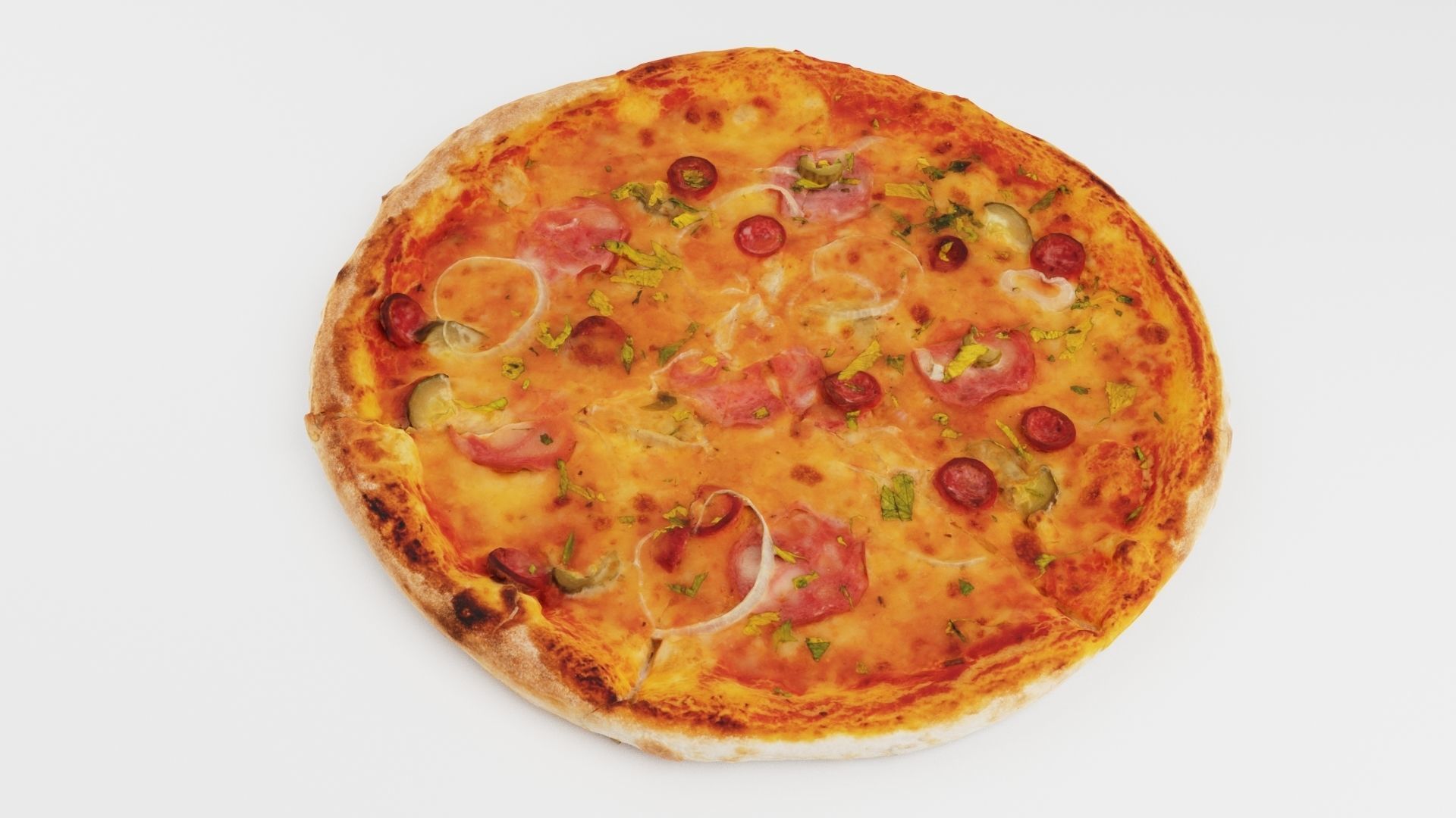 Pizza with onions salamy meat and cucumber 3D model_2