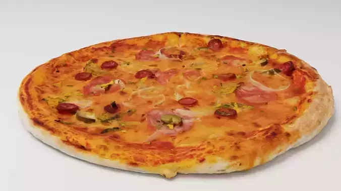 Pizza with onions salamy meat and cucumber