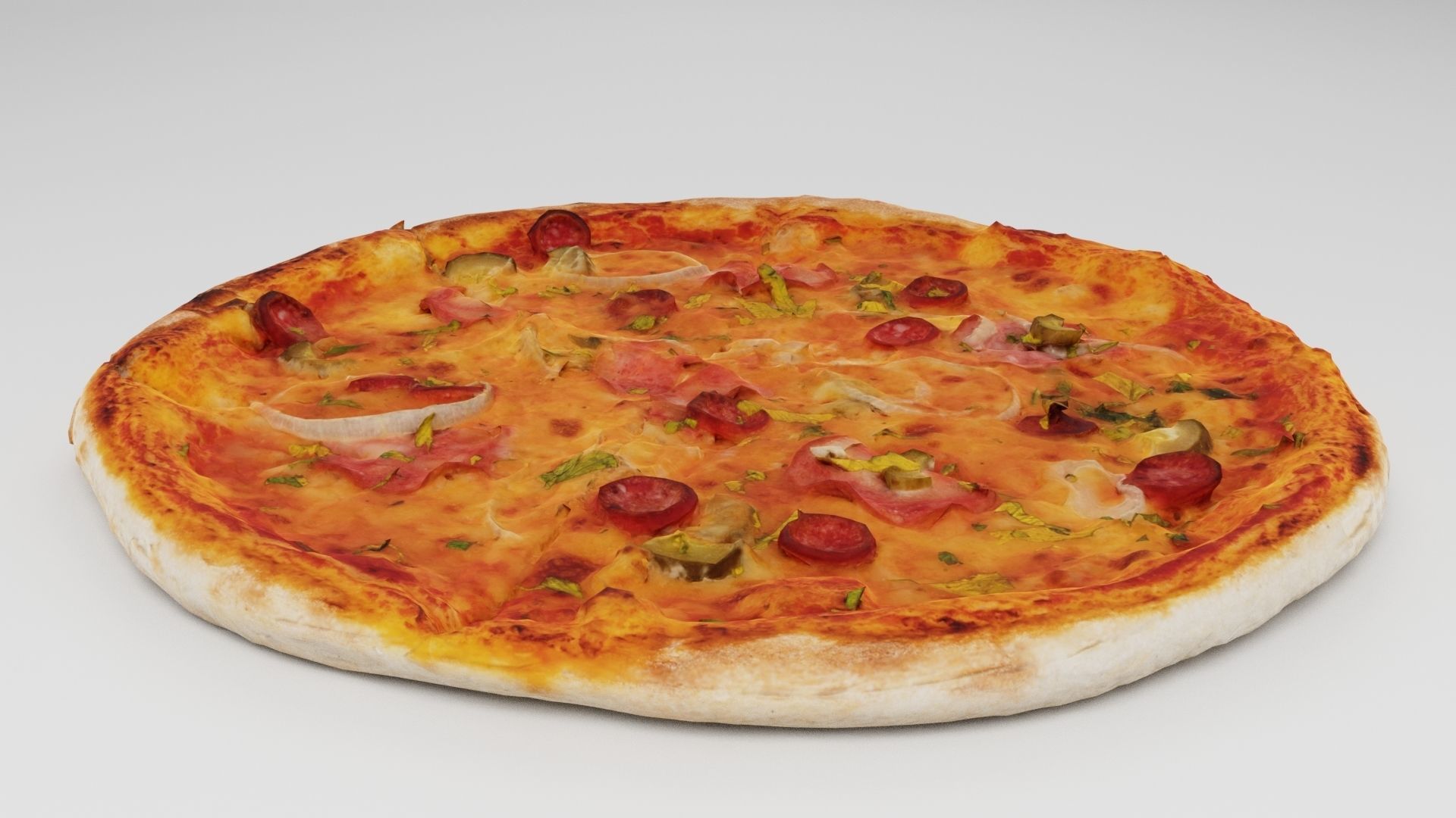 Pizza with onions salamy meat and cucumber 3D model_3