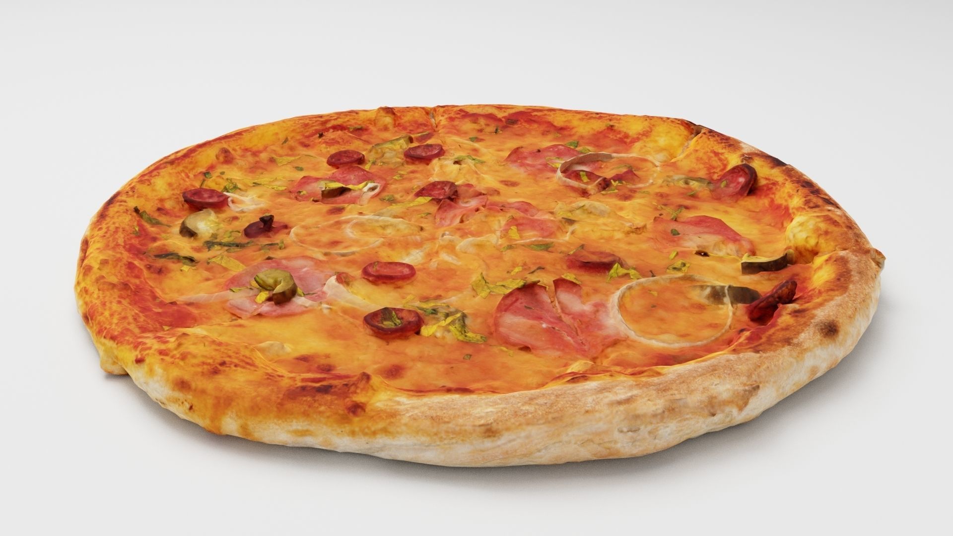 Pizza with onions salamy meat and cucumber 3D model_1