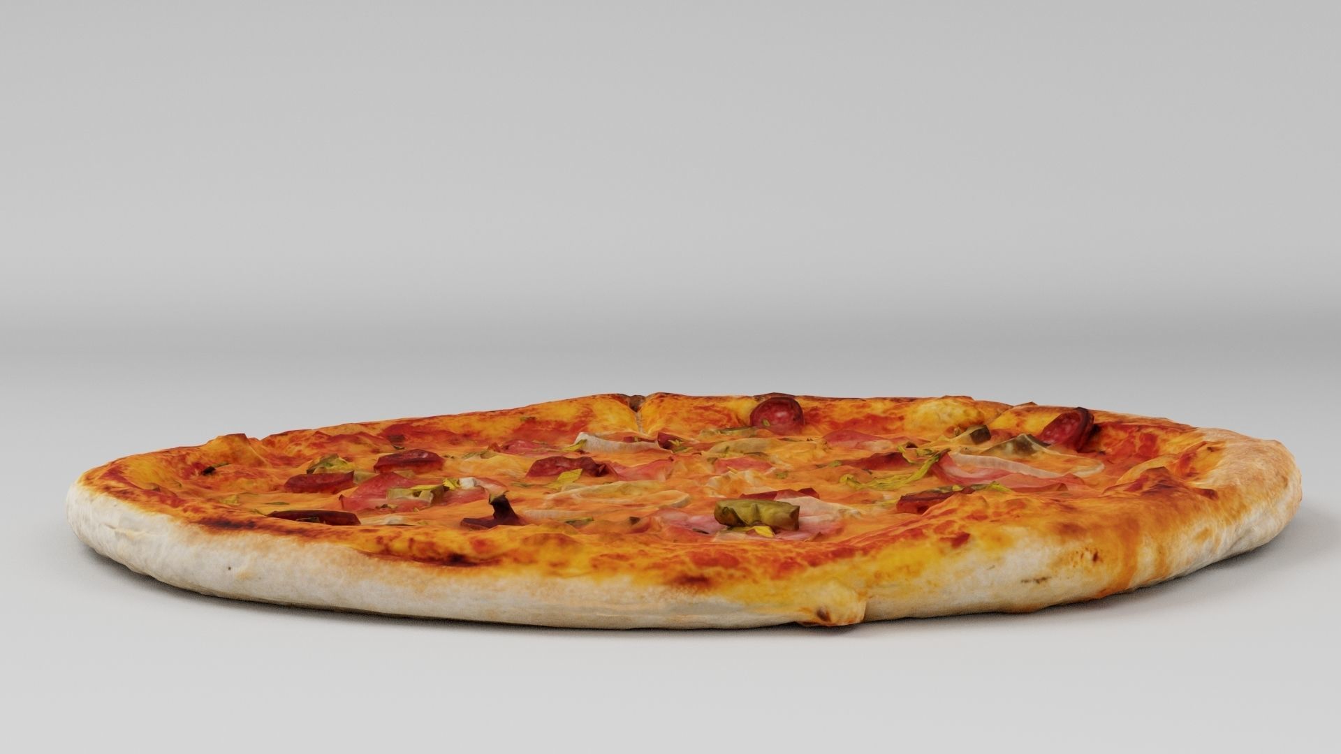 Pizza with onions salamy meat and cucumber 3D model_4