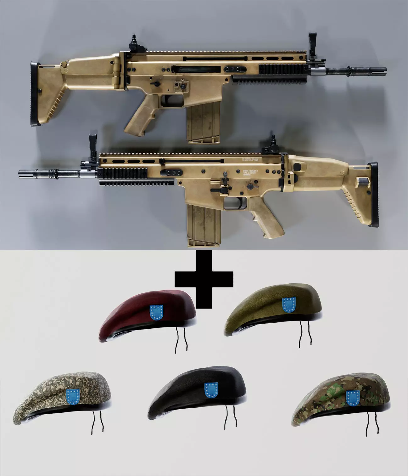 SCAR H Gun Beret Helmet Collection Low-poly 3D model_0