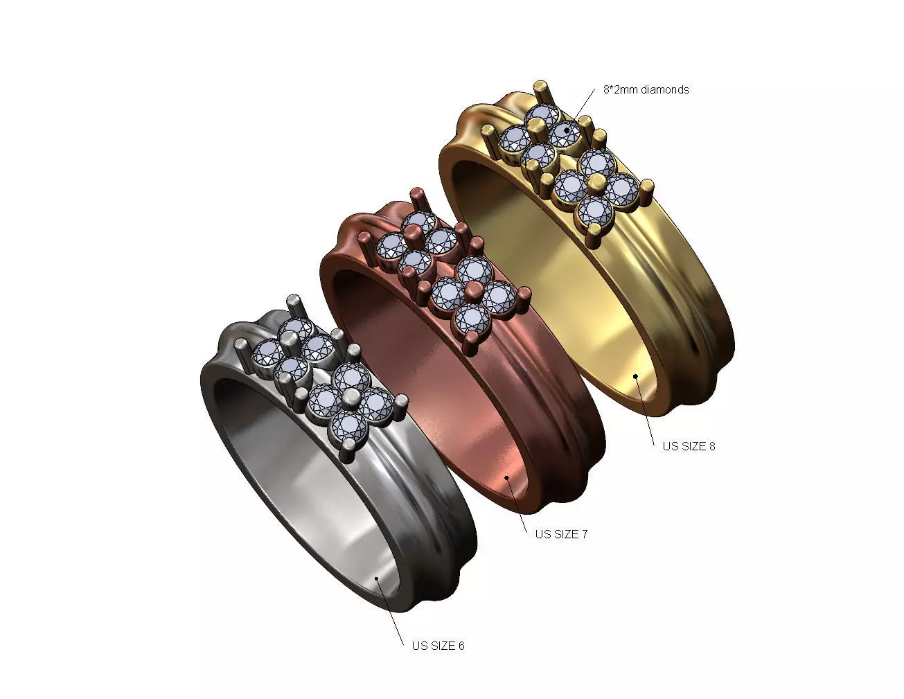 Rounded lip square clusters diamond ring US sizes 6 7 8 3D print model