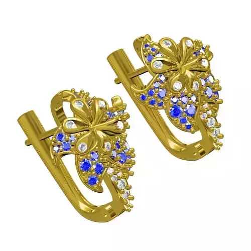 Blue Sapphire Diamond Flower Earring 3D print model