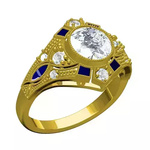 White Round and Blue Sapphire Baguette Art Deco Engagement Ring